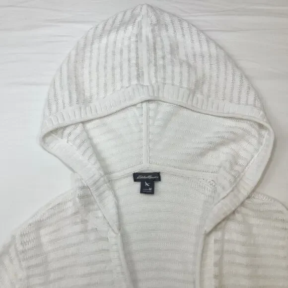 Eddie Bauer Ivory Hooded Open Front Cardigan Women’s Medium Lightweight Knit - Picture 4 of 13